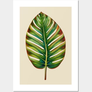 Watercolor Green Teal Yellow Red Tropical Leaf Posters and Art